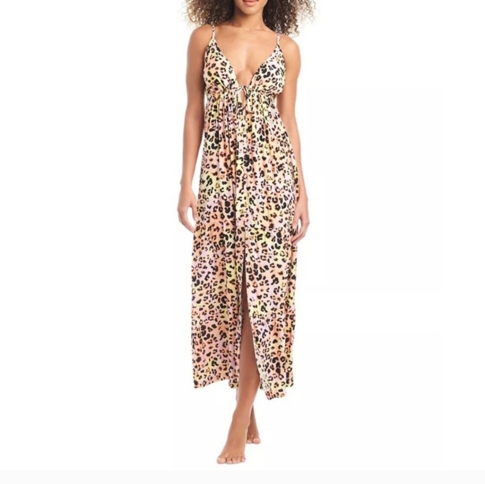 Bar III Brown and Pink Leopard Print Swim Coverup